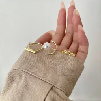 Korea Pearl Tilbehør Geometriske Uregelmæssige Runde Metal Guld Farve Ring for Kvinder, Piger Smykker 38104