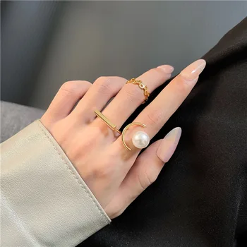 Korea Pearl Tilbehør Geometriske Uregelmæssige Runde Metal Guld Farve Ring for Kvinder, Piger Smykker