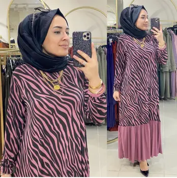 Arabisk Kjoler Til Kvinder Foråret Efteråret 2021 Gyldne Bånd Patchwork O-Hals Lange Ærmer Maxi Kjole Muslimske Tyrkiske Tøj Abaya