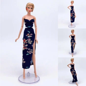 Mode off Skulder Mørke Blå Blomstret Kjole Part Kjole til Barbie Dukke Tøj Prinsesse Vestido 11.5