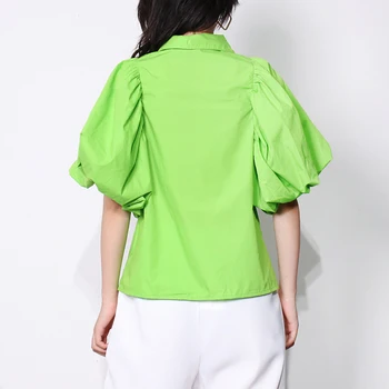 TWOTWINSTYLE Casual Khaki-Shirts Til Kvinder Revers Puff Korte Ærmer Patchwork Diamond Lige Bluser Kvindelige 2021 Sommer Mode