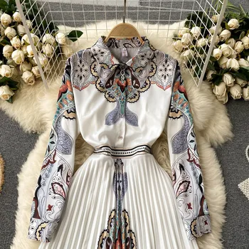 Elegant Retro-Bane Deaigner Foråret Falder Shirt Kjole til Kvinder, Kvinders langærmet Printted Slank Plisserede Mid-længde Kjoler