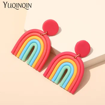 Damer Rainbow Ler Drop Øreringe Til Kvinder Mode Smykker Koreanske Polymerclay Stor Lang Dingle Øreringe Tendens Hængende For Piger