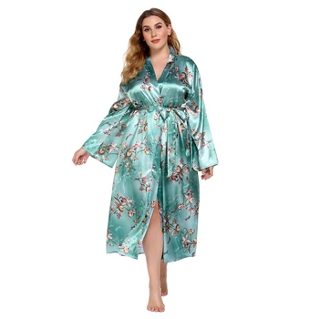 DOIB Kvinder, Morgenkåbe Pyjamas Blomster Print Satin Kimono i Silke Plus Size Nattøj Homewear Brudepige Sommer Kjole 4278