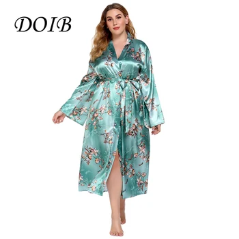 DOIB Kvinder, Morgenkåbe Pyjamas Blomster Print Satin Kimono i Silke Plus Size Nattøj Homewear Brudepige Sommer Kjole