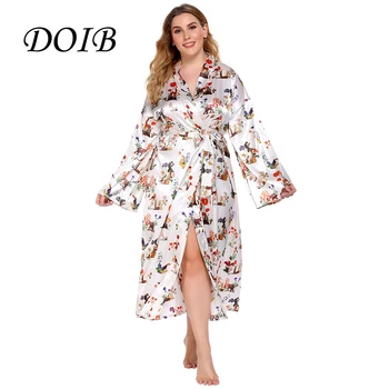DOIB Kvinder, Morgenkåbe Pyjamas Blomster Print Satin Kimono i Silke Plus Size Nattøj Homewear Brudepige Sommer Kjole