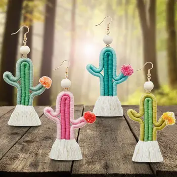 Bomuld Thready Indpakket Kaktus Dingle Øreringe til Kvinder Mode Ørkenen Naturlige Træ Perle Pom Pom Øreringe Engros