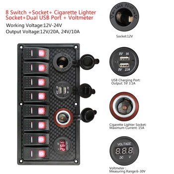 8 Bande Switch Panel 12V/24V Bil Marine RV Kredsløb LED-Breaker Multifunktions Digital Voltmeter Dual USB-Stikket til cigarettænderen