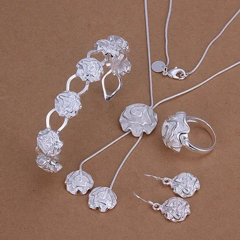 Fabrikken direkte udsøgt elegant roser vedhæng halskæde armbånd Dråbe Øreringe ring fashion Sølv farve smykke sæt S272 4503