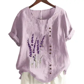 Lilla T-Shirt til Sommeren Lavendel Udskrivning Knap Kvinder Casual t-shirt Korte Ærmer Bomuld Toppe Mujer Plus Size L-5XL 46261