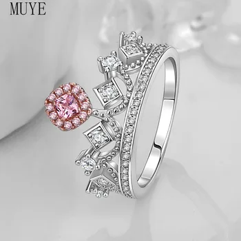 Muye 925 Sterling Sølv, Pink Zircon Krone Ring for Kvinders Engagement vielsesringe for Kvinder Størrelsen 5 6 7 8 9 10 4702
