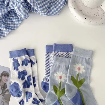 Kasure Harajuku Forår Sommer Søde Tynde Sokker Kvinder, Piger Åndbar Blå Hvid Streetwear Sød Cool Mesh Blomst Sokker