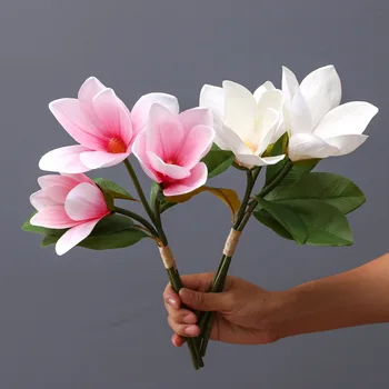 3 Hoveder Bundter Magnolia Kunstige Føler PU Blomster Hjem Tabel Tilbehør til Udsmykning Bryllup Bride Hånd Buket Falske Orchid