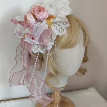 Lolita Piger Søde Blonder Bonnet Top Hat Rose Bånd Kvaster Pearl Perlebesat Kæde Flad Kasket Animationsfilm Kawaii Side Hår Klip 49437