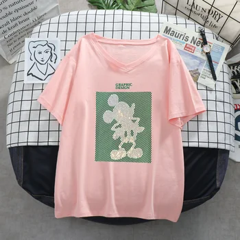 2021 Sommeren Europa, USA Size Print Guld Mickey Mouse Mærke T-Shirt for Kvinden Bomuld i God Kvalitet med V-hals t-shirt Damer Top 50295