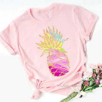 Pink Akvarel Glitter Ananas Print t-shirt dametøj Sjove Mode T-Shirt Femme Sommer Fashion T-Shirt Streetwear 50447