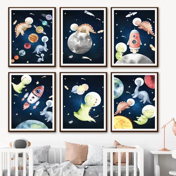 Væg Billeder Kids Room Decor Plads Astronaut Raket Planet Tegnefilm Dinosaur Væg Kunst, Lærred Maleri Nordiske Plakater Og Prints