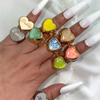 Geometriske Gennemsigtigt Hjerte Form Chunky Metal Ringe, Smykker Kvinder Golden Tyk, Skinnende Harpiks Kærlighed Hjerte Finger Ring Smykker