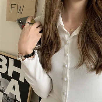 2021 Foråret langærmet Basic Smarte Kvinder ' s T-Shirt Streetwear koreanske Botton Op Kvindelige Shirt Efteråret Tynde Slank Alle-Match Toppe 53438
