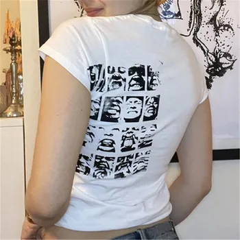 Gothic Portræt Print T-shirt E-pige Grunge Fe Kort Sleevle Sveder Tees Harajuku Streetwear Hvid Crop Top Kvinder Tøj 54823