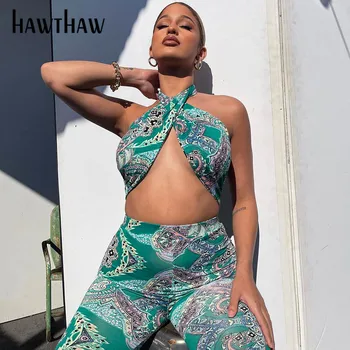 Hawthaw Kvinder, Mode Sommer Halterneck Afgrøde, Tank Toppe, Lange Bukser Trykt To Stykker Sæt Passer Til 2021 Kvinde Tøj Streetwear 5486