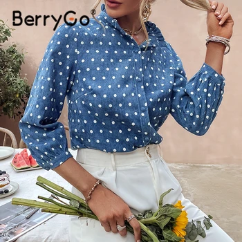 BerryGo Kontor Dame Rullekrave Polka Prikker Kvinder Blå T-Shirt Efteråret Kausale Damer Tynde Bedste Kvindelige Regelmæssig Ærmer, Bluse 2021 5585