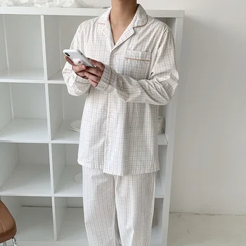 Harajuku Hvide Minimalistiske Plaid Bomuld Nye Pladsen Krave Chic Løs Alle Match Puff Ærmer Sød Pyjamas Sæt Tøj Hjem