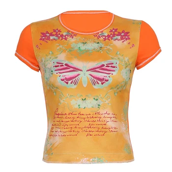 Rapcopter Butterfly y2k Afgrøde Top Orange Kort Ærme, Sød T-Shirt Harajuku O-Neck Tee Toppe Kvinder Casual Basic t-shirt Sommer 90'erne 56913