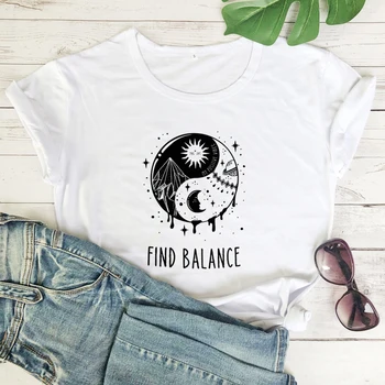 Finde Balance mellem Yin Yang T-shirt Æstetiske Kvinder Grunge Gotiske Top t-Shirt Mystiske Sun Moon Dag Nat Karakter Tshirt