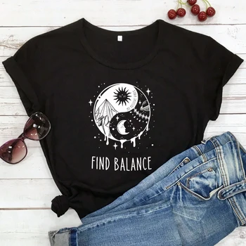 Finde Balance mellem Yin Yang T-shirt Æstetiske Kvinder Grunge Gotiske Top t-Shirt Mystiske Sun Moon Dag Nat Karakter Tshirt