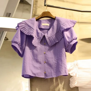 Dukke afslappet falbala krave kortærmet skjorte kvindelige sommeren nye lilla pels krave skjorte våd 58460