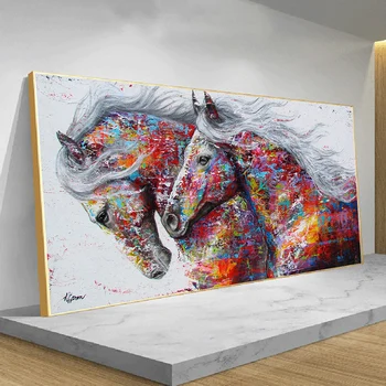 Abstrakte Farverige To galoperende Heste Plakat Lærred Maleri Print Væg Kunst Billeder til stuen Cuadros Home Decor 59974