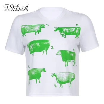 FSDA 2021 Print Korte Ærmer Afgrøde T-Shirts Kvinder Casual Grønne Y2K Sommeren Grundlæggende Sexet Mode Søde Streetwear Harajuku Toppe 60155
