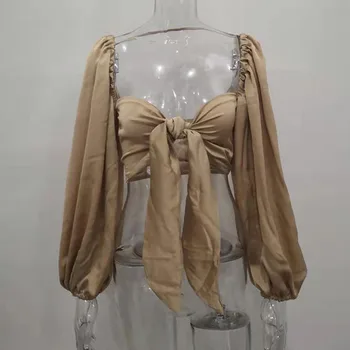 2021 Fashion Kvinder Sommer Strand Bluse Shirt Elegante Butterfly Foran Sexet Stropløs Toppe Lanterne Med Lange Ærmer Fast Afgrøde Toppe