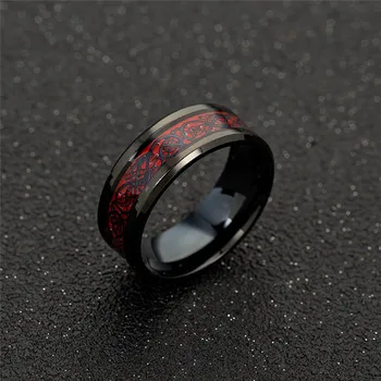 Dominerende Mand Ring Rød Grøn Carbon Fiber Black Dragon Indlæg Comfort Fit Rustfrit stål Ringe til Mænd, Bryllup Band Ring 60348