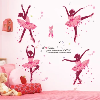 [shijuekongjian] Ballet Dansere Pige Wall Stickers DIY Pink Fjer Fløj Vægmaleri Decals til børneværelset Baby Soveværelser Hjem Dekoration