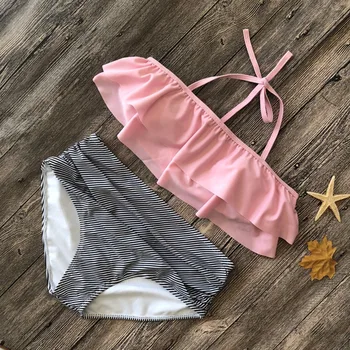 Sommeren Nye Sexet Bikini Multi Farve Kvinders SplitFrenulum Trykt Høj Talje Flæsekanter Badedragt 60705