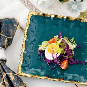 Nordisk keramisk plade Frugt salat Dessert tallerken guld plader Grøn porcelæn middag sæt Part, runde bakker dekorative Dropship