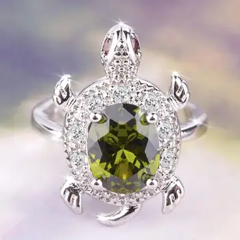 Kvindelige Dejlige Søde Olive Green Turtle Ring Crystal Zircon Sten Skildpadde Dyr Ringe Til Kvinder Banket Bryllup Smykker Gave 6175