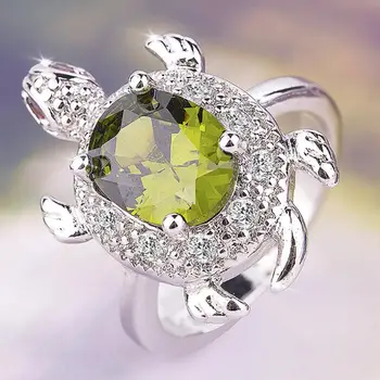 Kvindelige Dejlige Søde Olive Green Turtle Ring Crystal Zircon Sten Skildpadde Dyr Ringe Til Kvinder Banket Bryllup Smykker Gave