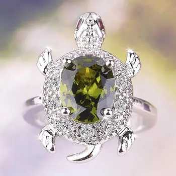 Kvindelige Dejlige Søde Olive Green Turtle Ring Crystal Zircon Sten Skildpadde Dyr Ringe Til Kvinder Banket Bryllup Smykker Gave