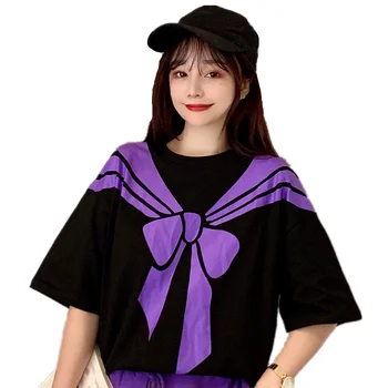 2021 Sommeren Nyeste Harajuku Kvinder Falske 2 Stykker T-Shirt 3D Uafgjort Sløjfeknude Trykt Kawaii Pige T-shirt Casual Løs Long Tee Top 63027