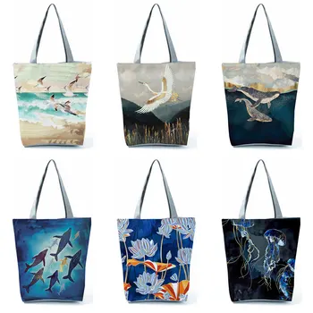 Japanske Ukiyo Design Håndtaske Blå Vandmænd Trykt Skulder Taske Eco Friendly Beach Taske Med Høj Kapacitet Shopping Tote Taske Mode