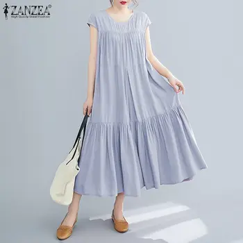 ZANZEA Solid Flæsekanter Vestido Mode Afslappet kortærmet Kjole 2021 Sommer Lange Kjoler Kvinder Elegante Holiday Maxi Kjole