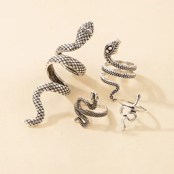 Docona 4stk/set Vintage Silver Farve Ringe til Kvinder Gotiske Slange Dyr Geometri Metal Legering Finger Ring Sæt Smykker Anillos 65260
