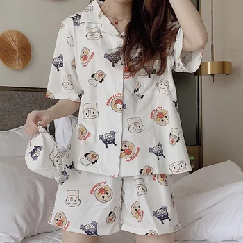 Trykt Pyjamas Kvinder er Sød kortærmet Shorts Housewear Kawaii Pyjamas Pyjamas for Teen Piger Loungewear Nattøj