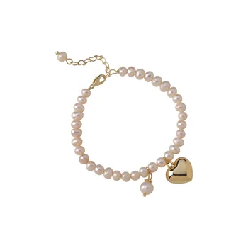 Minar Temperament Kærlighed Hjerte Naturlige Ferskvands Perle Armbånd til Kvinder, Piger Guld Farve Metal Beaded Armbånd Smykker 71806