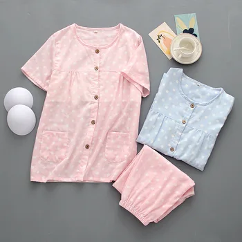 Japan sommer damer plus size pyjamas home service, der passer halv-ærmer, der er beskåret bukser med bryst pad bomulds-gaze passer til kvinder 7264
