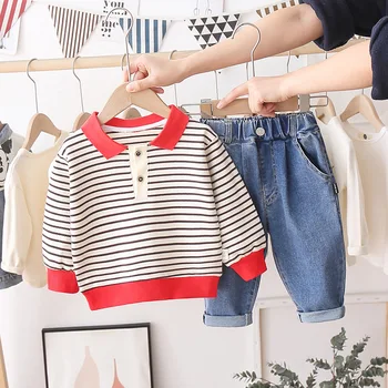 Børn s Tøj Sæt koreanske Spædbarn Mode Langærmet Stribet Polo Shirt, Sweater, Jeans To-delt Sæt til Foråret lille Barn Pige Sæt 7453