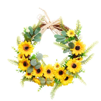 Kunstige Solsikke Sommeren Krans - Dekorative Falske Blomsterkrans Med Gul Solsikke Og Grønne Blade For Forreste Dør Jeg